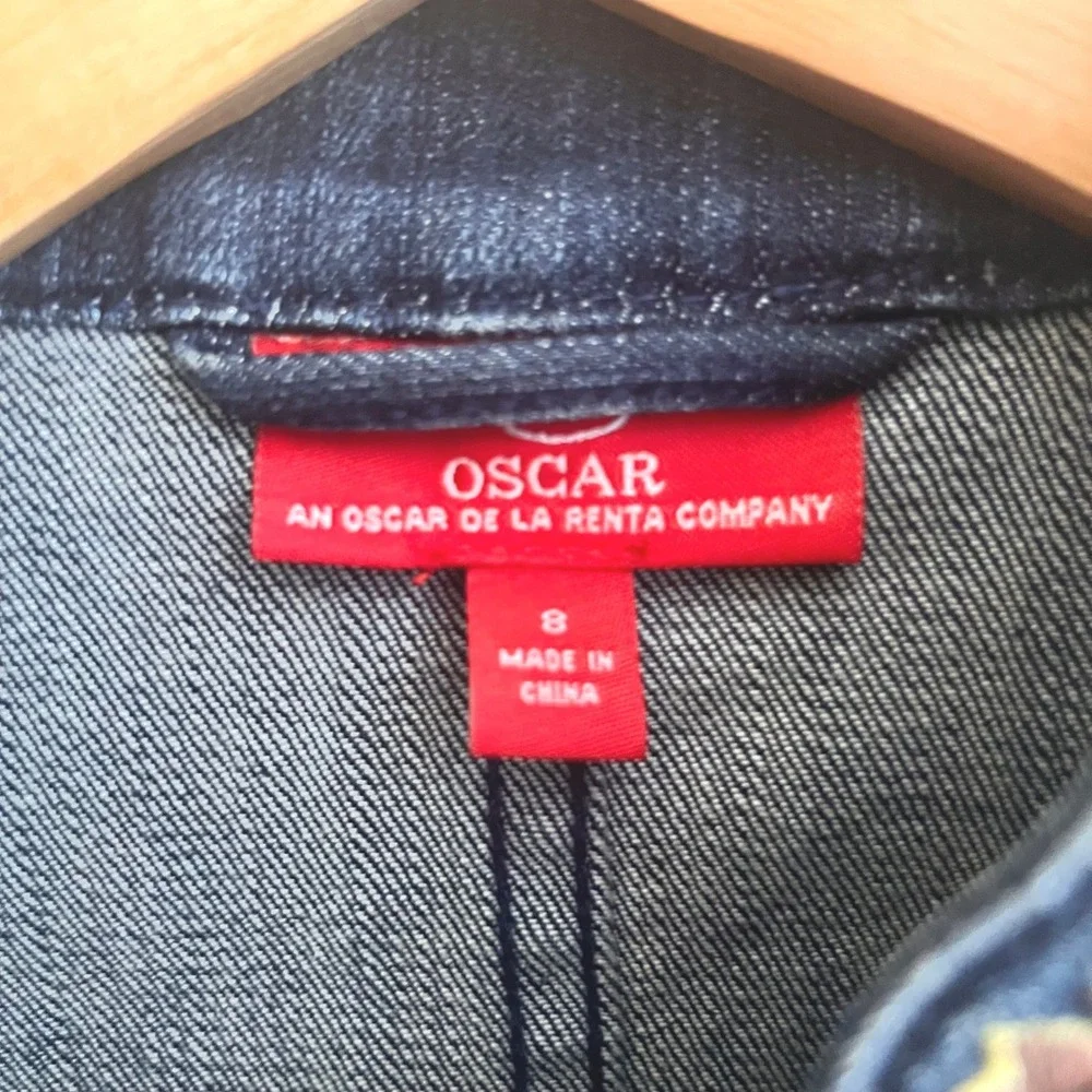 Oscar de la Renta Denim Jacket Embroidered Collar Gold Buttons Blue Womens 8